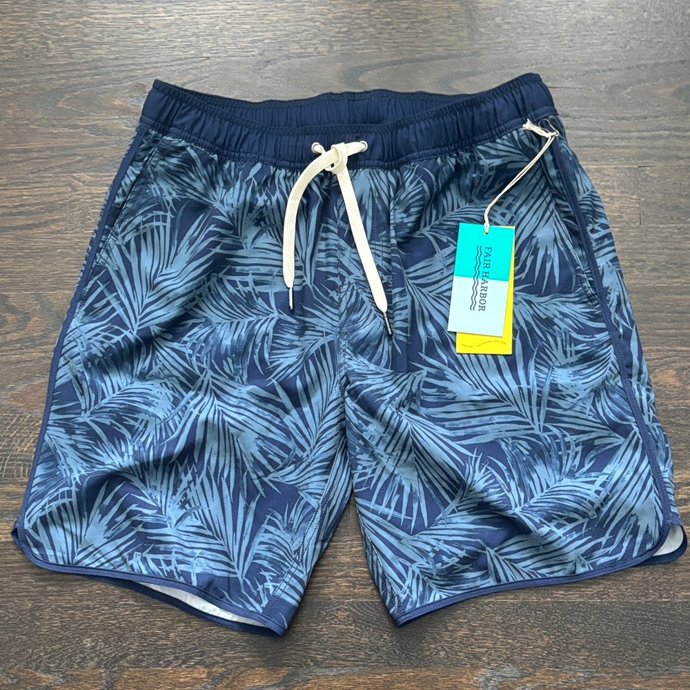 NWT - Fair Harbor Navy Palm Leaf Swim Shorts